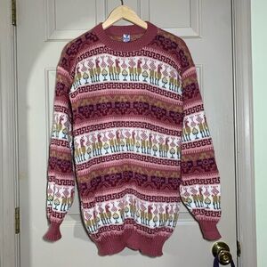 Vintage Llama Patterned Sweater in Pink and White